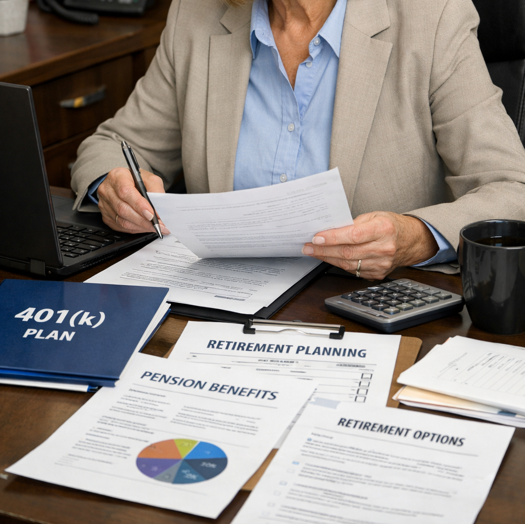 Federal employee reviewing retirement plan components on desk